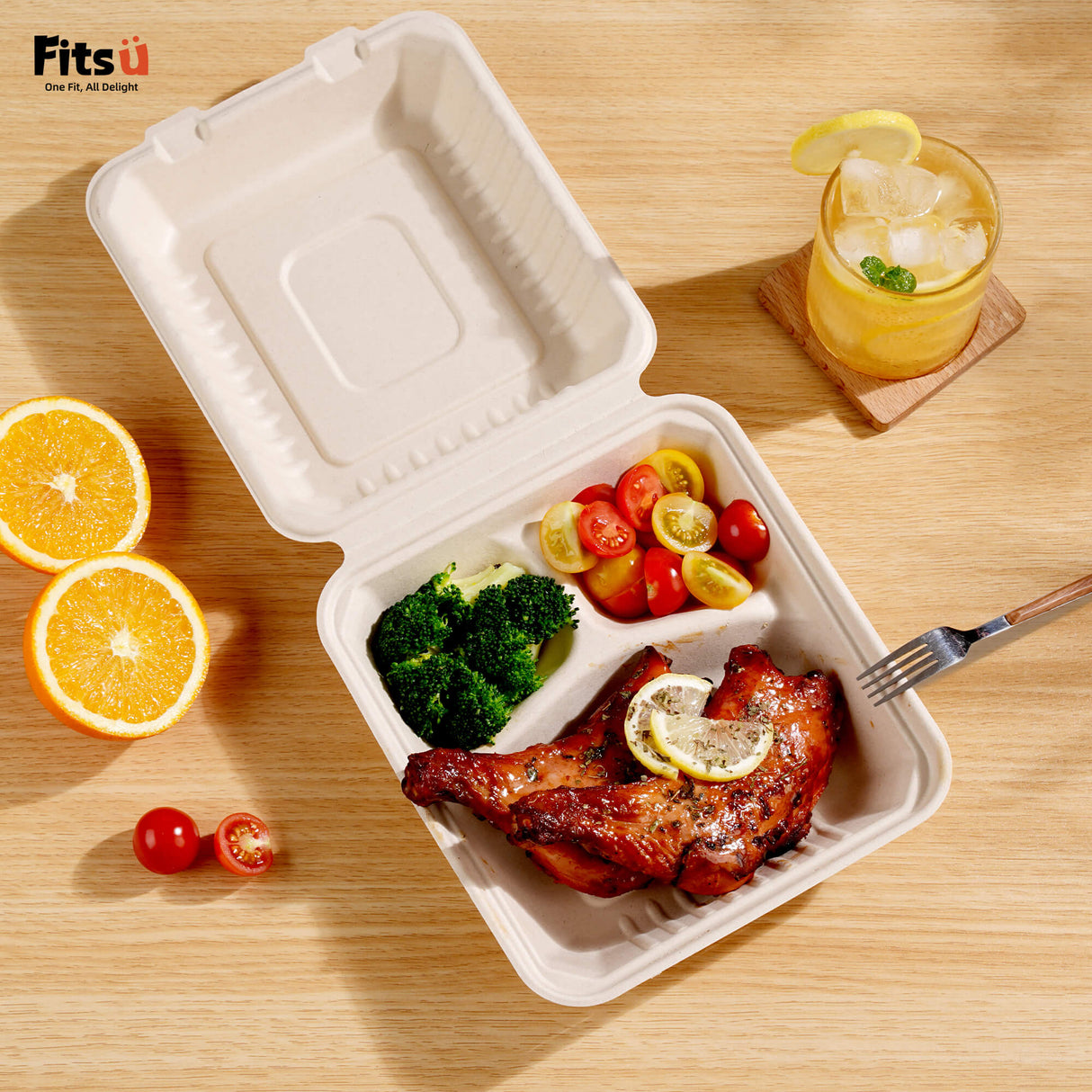 Fitsu Compostable Takeout Containers, 3 Compartment, Leak Resistant & Microwave Safe Sugarcane Food Containers Includes Grease-Proof Liners & Tamper-Evident Seal Stickers for Safer, Cleaner Food Transport