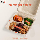 Fitsu Compostable Takeout Containers, 3 Compartment, Leak Resistant & Microwave Safe Sugarcane Food Containers  Includes Grease-Proof Liners & Tamper-Evident Seal Stickers for Safer, Cleaner Food Transport