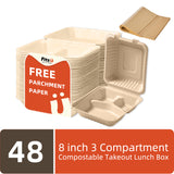 Fitsu Compostable Takeout Containers, 3 Compartment, Leak Resistant & Microwave Safe Sugarcane Food Containers  Includes Grease-Proof Liners & Tamper-Evident Seal Stickers for Safer, Cleaner Food Transport