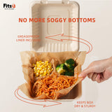 Fitsu Compostable Takeout Containers, 3 Compartment, Leak Resistant & Microwave Safe Sugarcane Food Containers  Includes Grease-Proof Liners & Tamper-Evident Seal Stickers for Safer, Cleaner Food Transport
