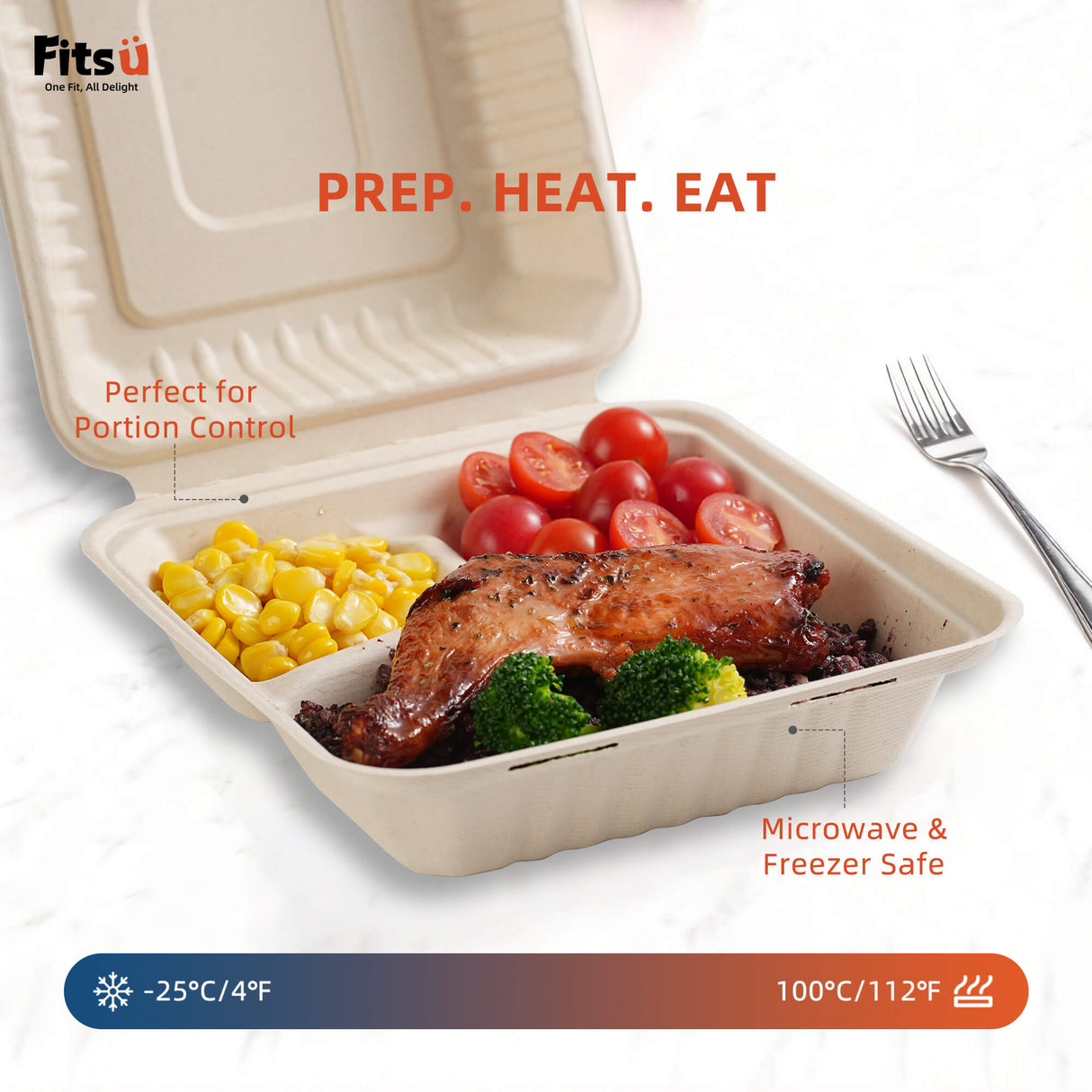 Fitsu Compostable Takeout Containers, 3 Compartment, Leak Resistant & Microwave Safe Sugarcane Food Containers  Includes Grease-Proof Liners & Tamper-Evident Seal Stickers for Safer, Cleaner Food Transport